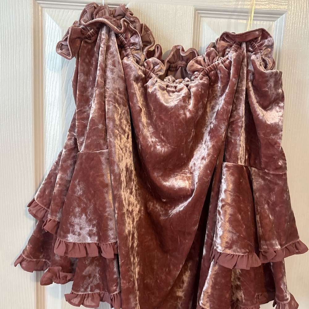 Velvet Ruffled Off Shoulder Top Dusty Rose